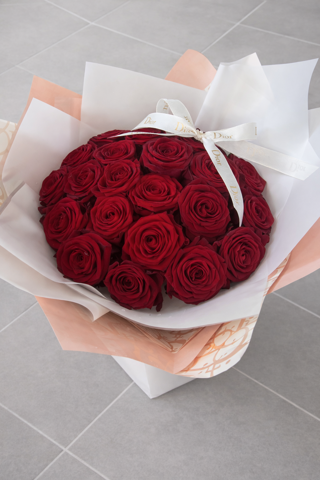 24 rose bouquet in designer inspired nude wrapping and white box 