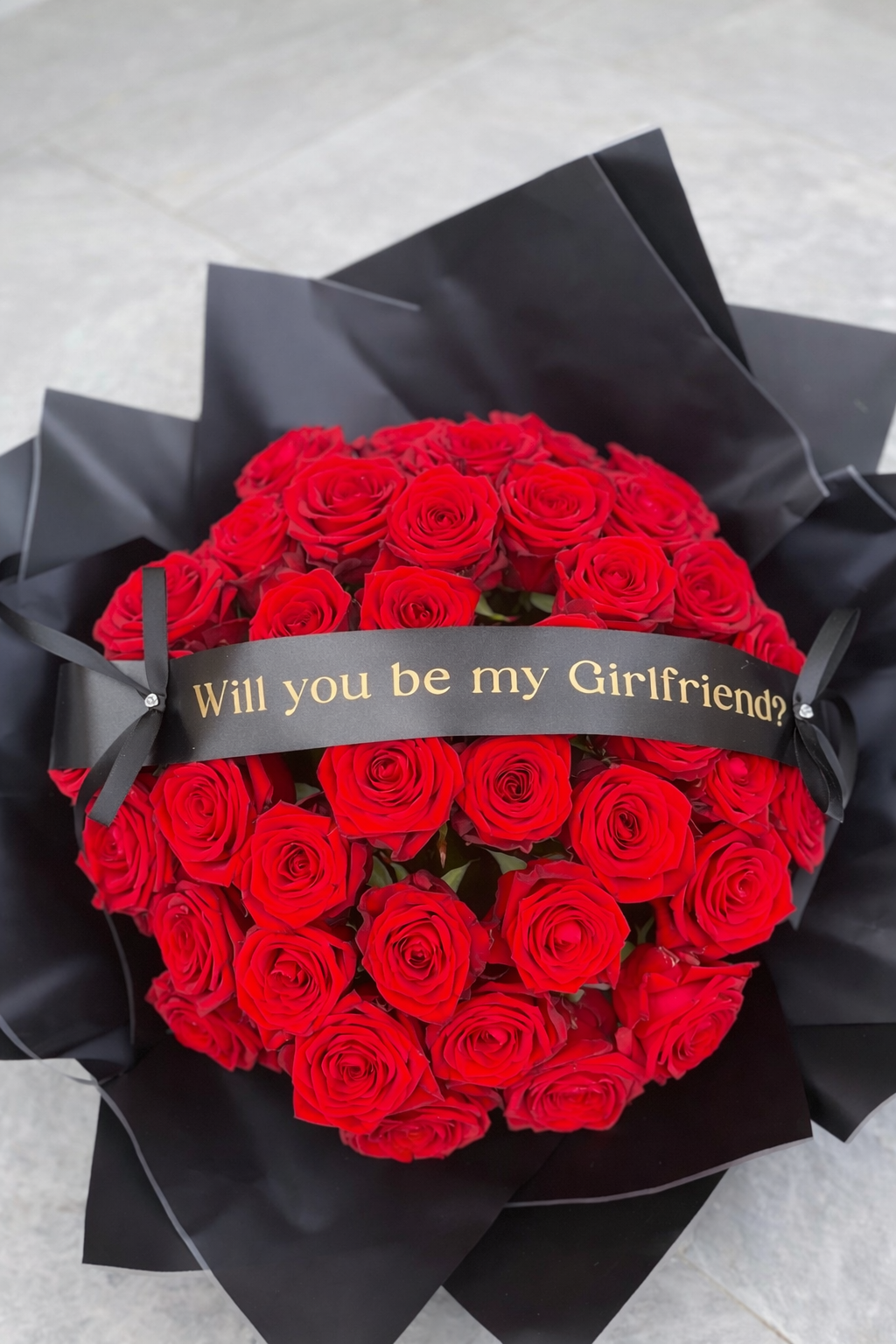 50 red rose bouquet with personalised ribbon